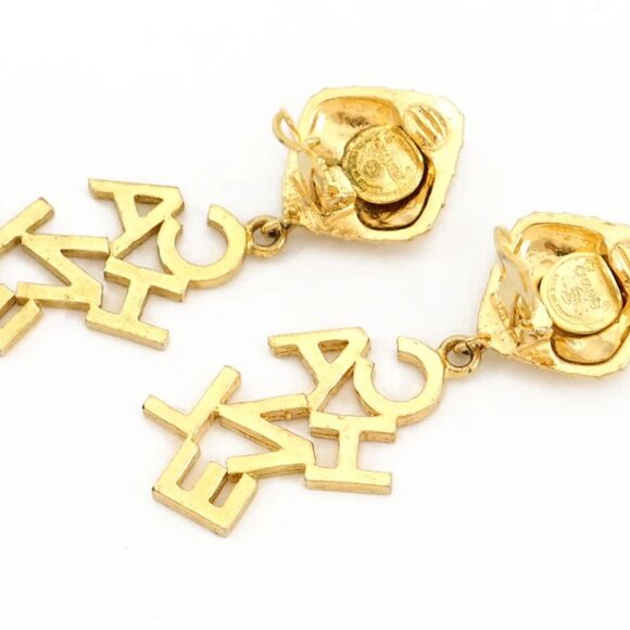 CHANEL Logos Quilted Drop Dangle Earrings Gold Tone Auth w/Box #22400 - Picture 4 of 6